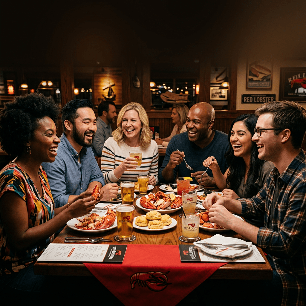 Six friends sitting around a table enjoying lobster and drinks at Red Lobster