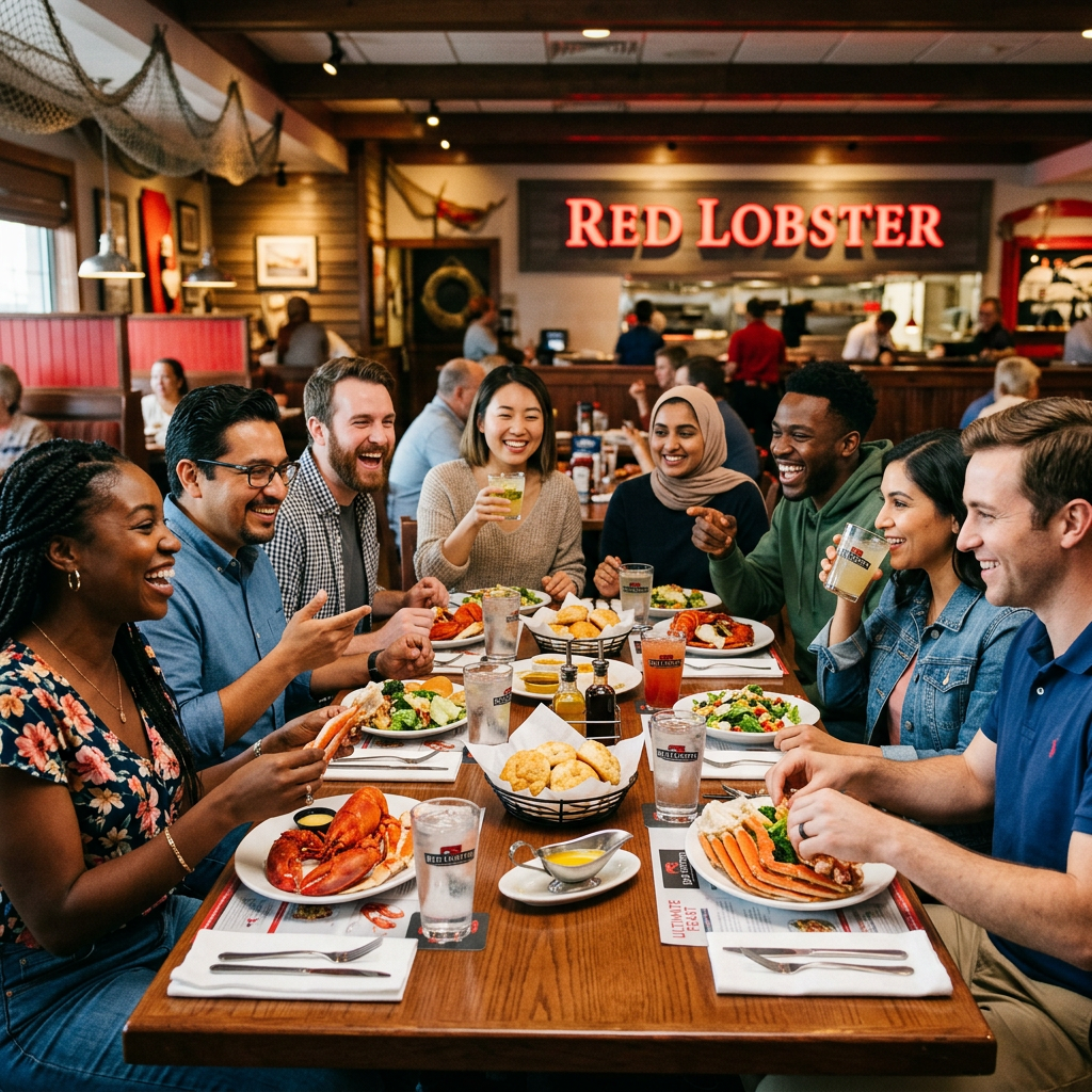 Group of friends eating lobster and seafood at Red Lobster restaurant