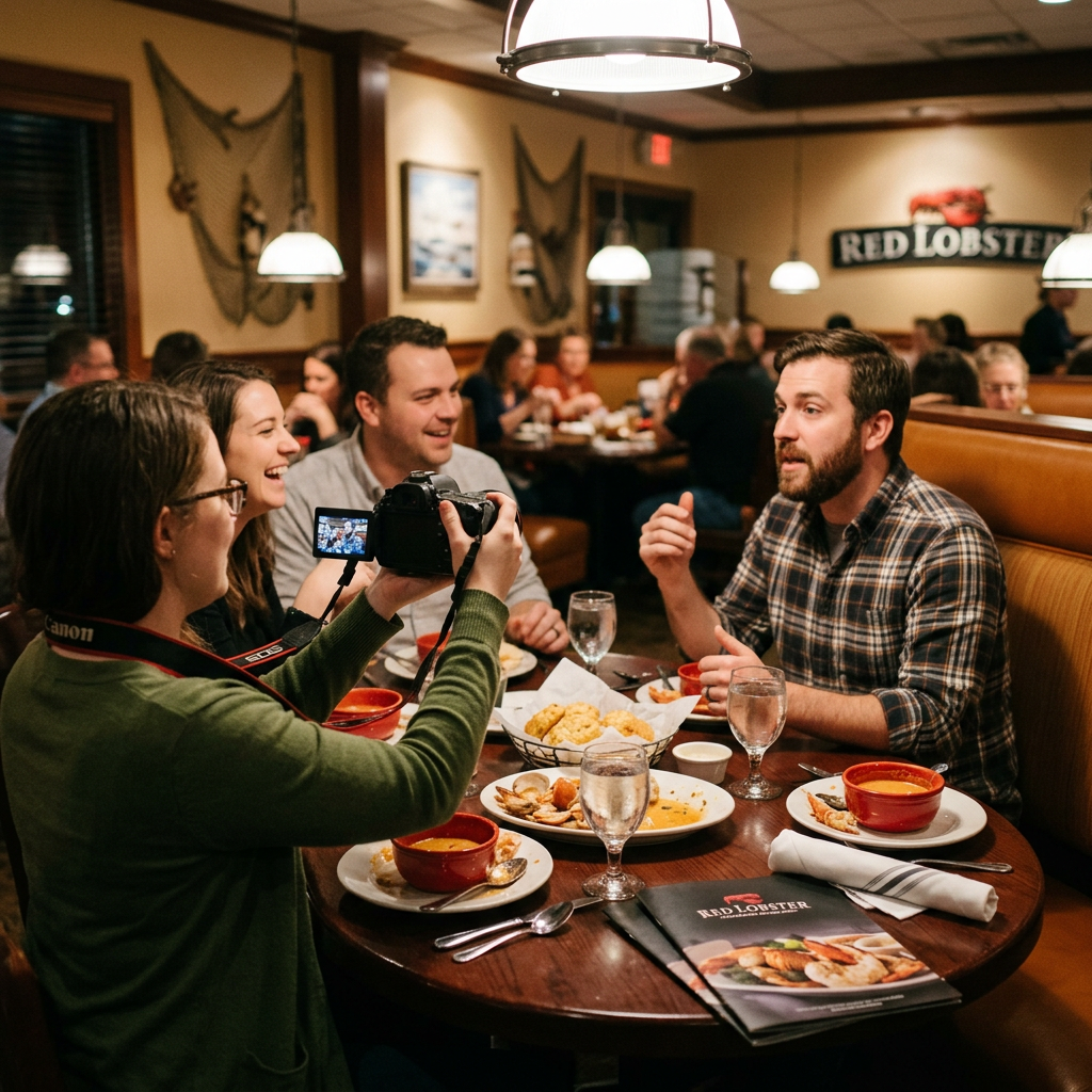 Four friends sitting around a restaurant table with food, one holding a camera showing a photo to others