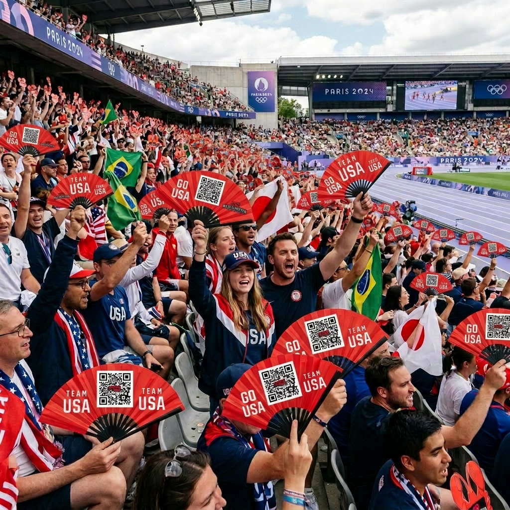 Crowd of Olympic spectators waving USA, Brazil, and Japan flags and holding Red Lobster signs
